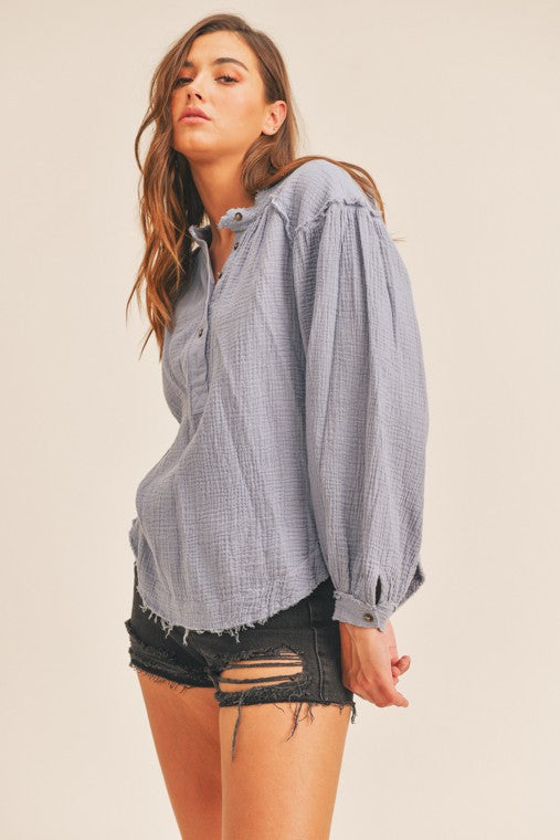Distressed Button Down Long Sleeve Top