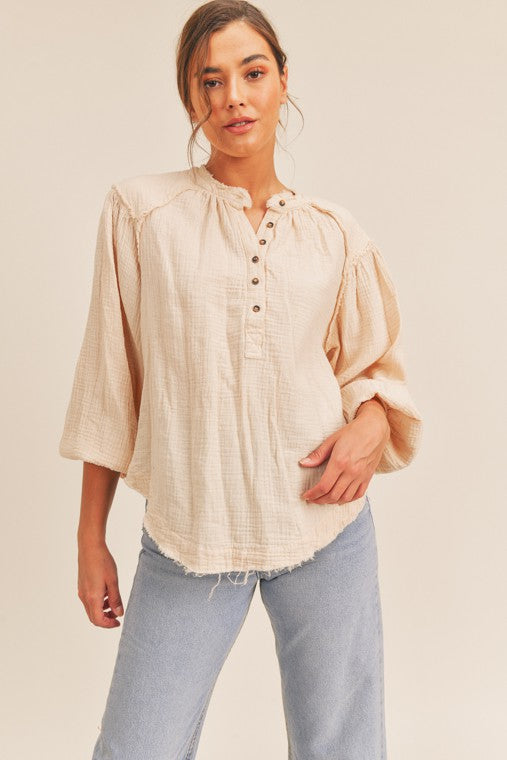 Distressed Button Down Long Sleeve Top