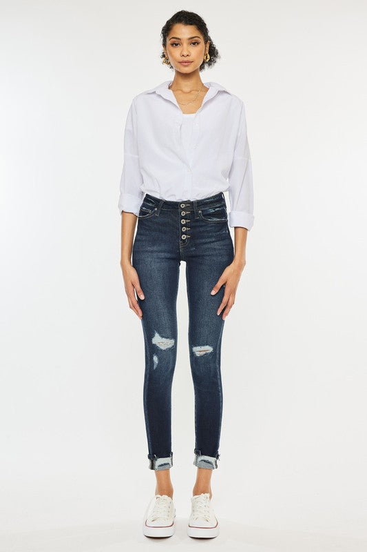 KanCan High Rise Button Down Cuffed Ankle Skinny Jeans