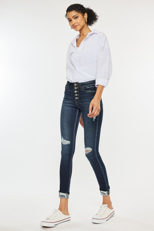KanCan High Rise Button Down Cuffed Ankle Skinny Jeans