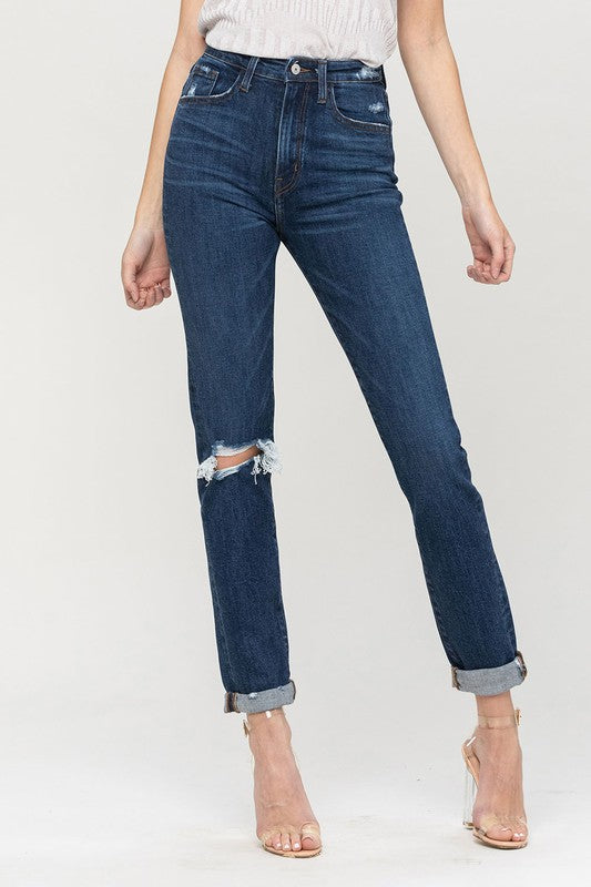 VERVET Distressed Roll Up Stretch Mom Jeans