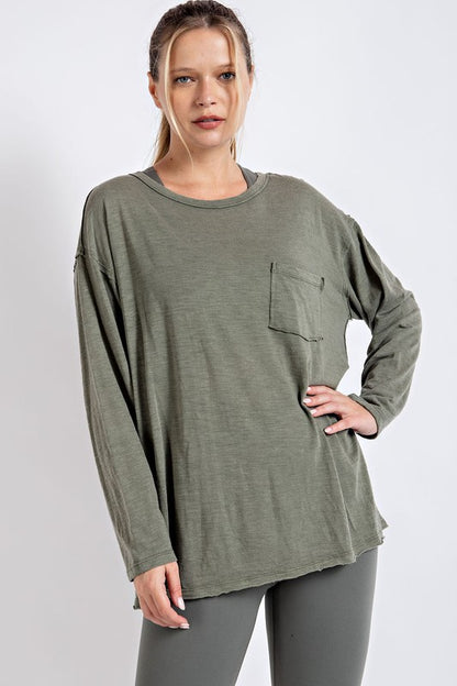 Mineral Washed Round Neckline Long Sleeve Top